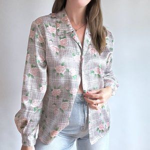 Vintage Silky Floral Button Down Blouse